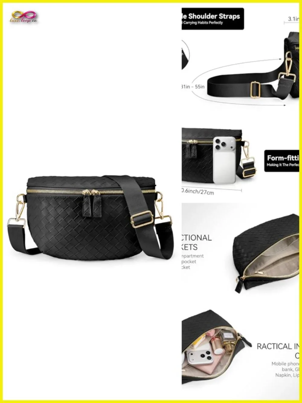 Faux Leather Woven Crossbody Bag Travel Fanny Pack Adjustable Strap